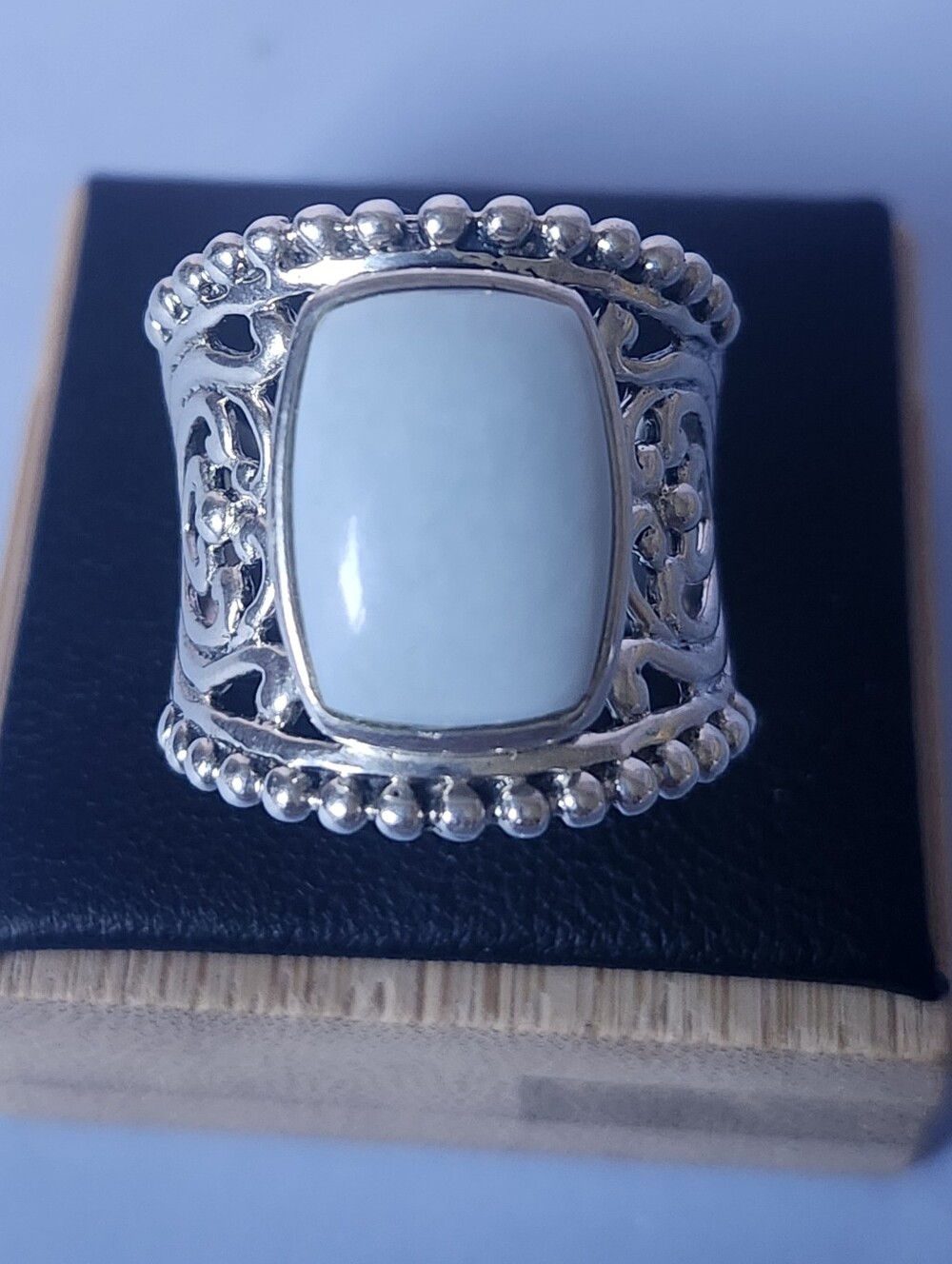 Gorgeous Unique Filigree 925 Sterling Silver BLUE Natural Larimar Ring 7.5 BBJ